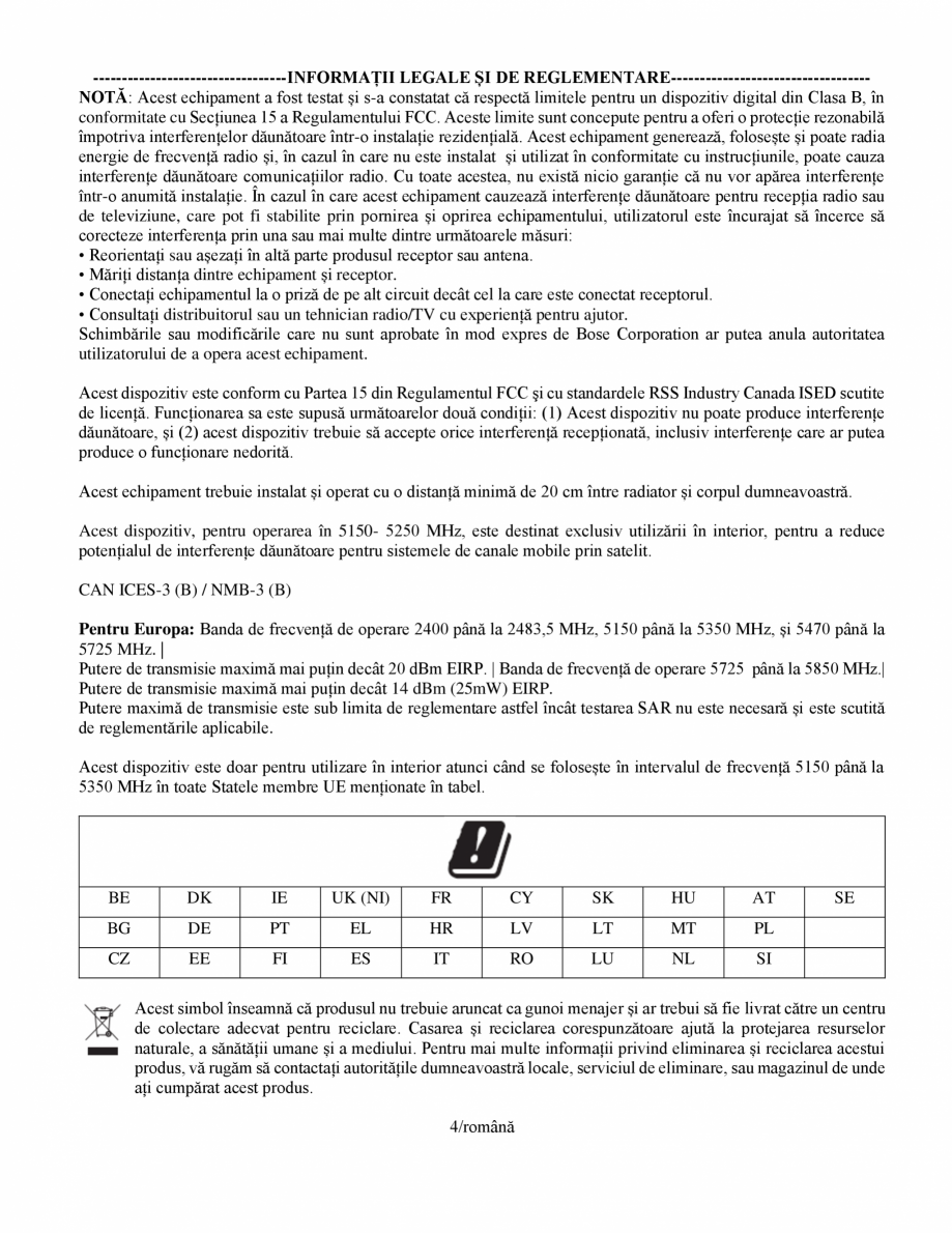 Pagina 4 - Manual de utilizare pentru soundbar Smart Bose BOSE Instructiuni montaj, utilizare Romana...