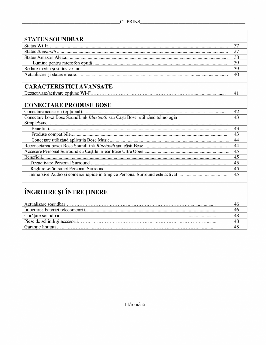 Pagina 11-Manual de utilizare pentru soundbar Smart Bose BOSE Instructiuni montaj, utilizare Romana ele membre...