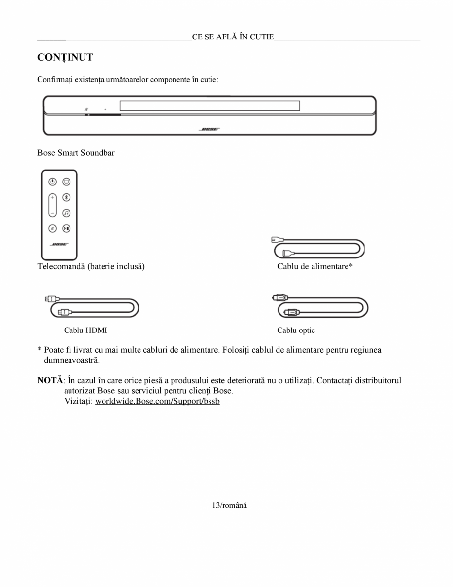 Pagina 13-Manual de utilizare pentru soundbar Smart Bose BOSE Instructiuni montaj, utilizare Romana toarele...