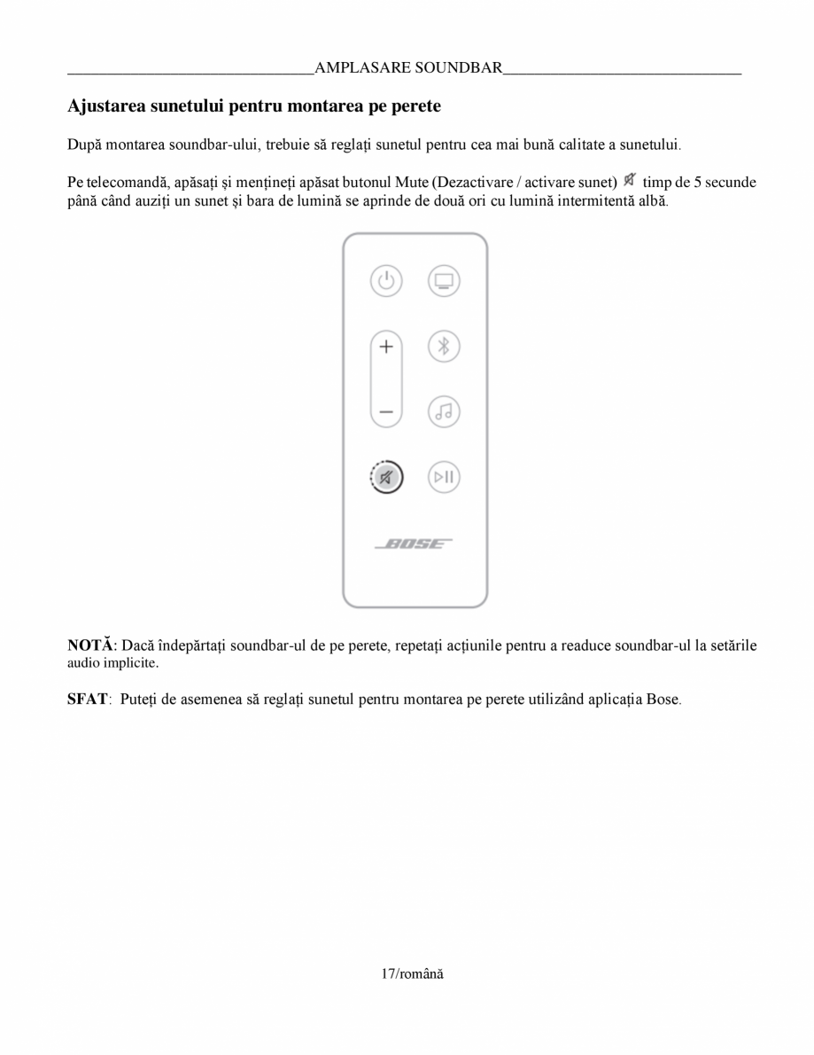 Pagina 17-Manual de utilizare pentru soundbar Smart Bose BOSE Instructiuni montaj, utilizare Romana ul de...
