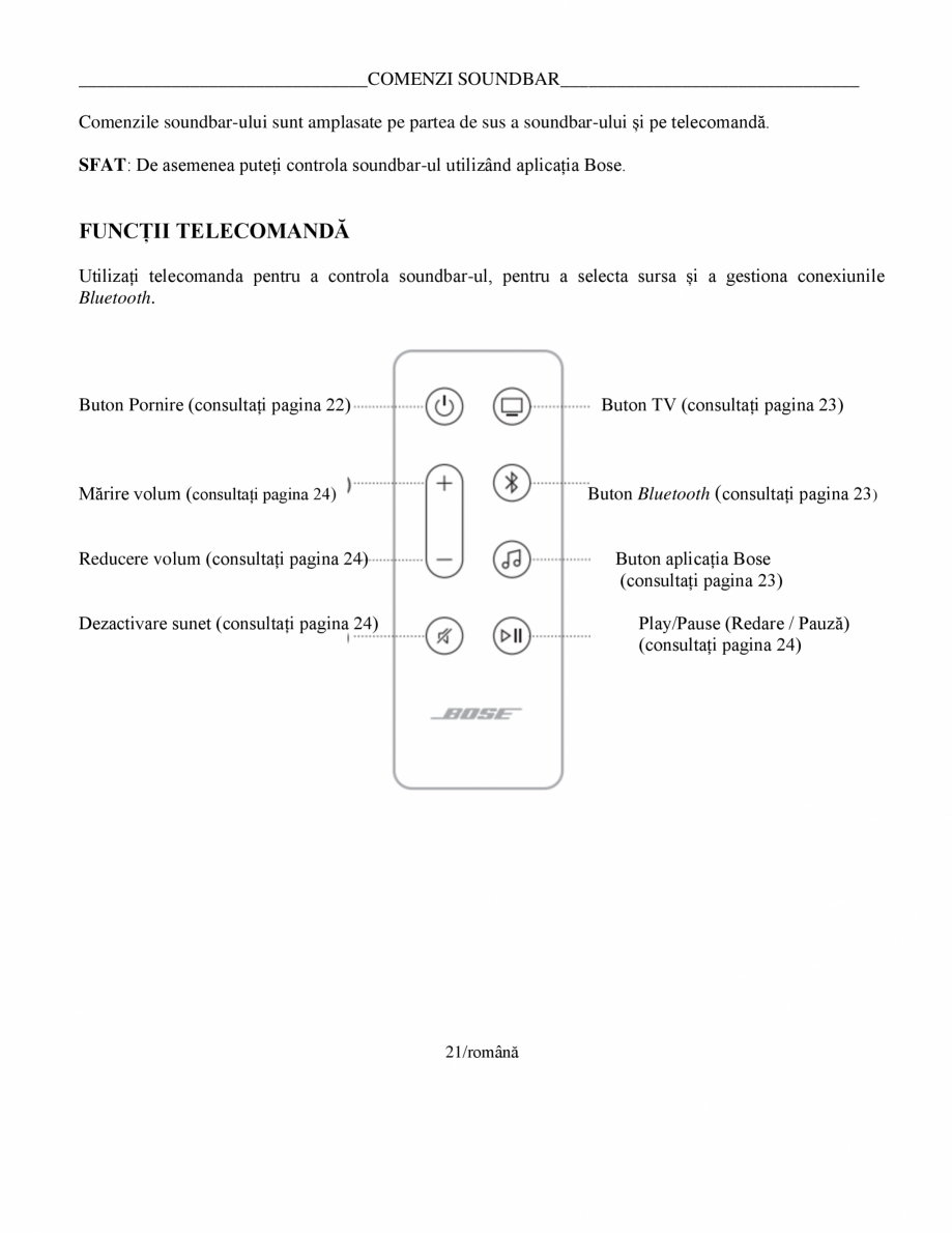 Pagina 21 - Manual de utilizare pentru soundbar Smart Bose BOSE Instructiuni montaj, utilizare...