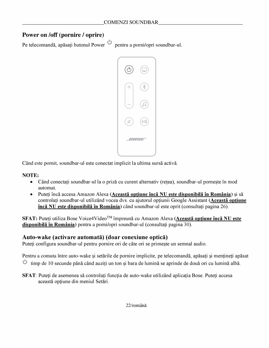 Pagina 22 - Manual de utilizare pentru soundbar Smart Bose BOSE Instructiuni montaj, utilizare...