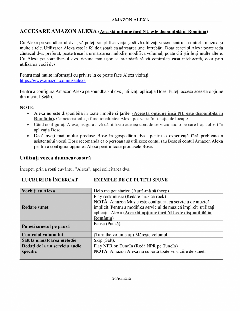 Pagina 26-Manual de utilizare pentru soundbar Smart Bose BOSE Instructiuni montaj, utilizare Romana .............