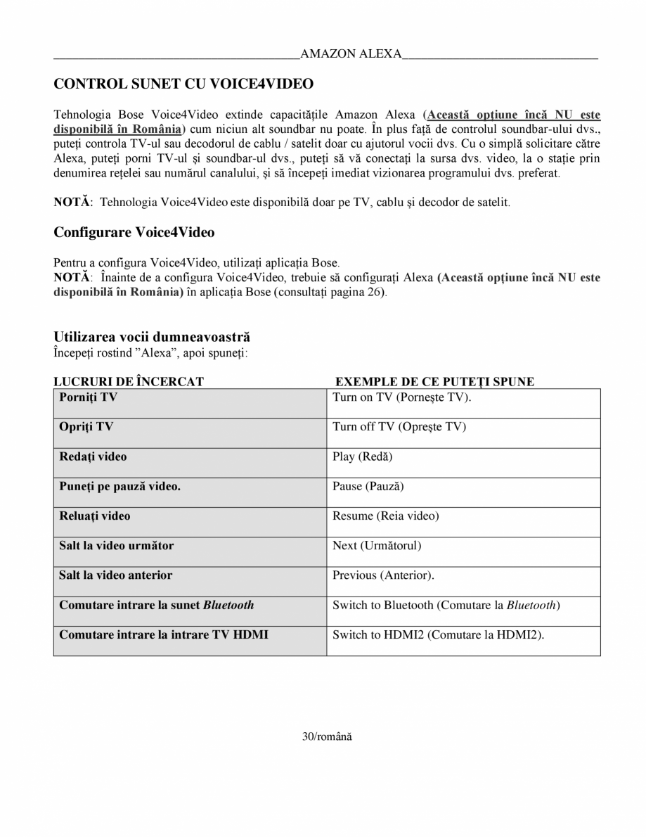 Pagina 30-Manual de utilizare pentru soundbar Smart Bose BOSE Instructiuni montaj, utilizare Romana .............