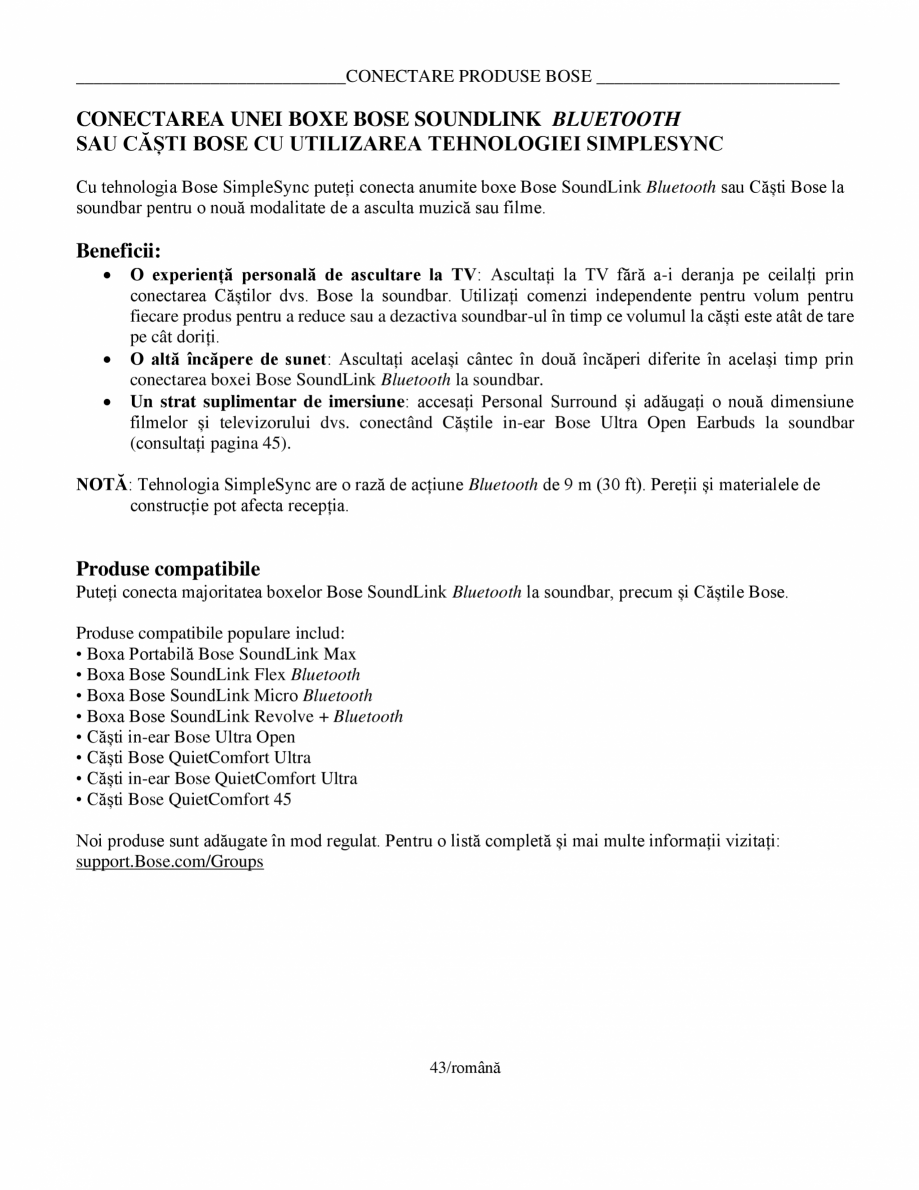 Pagina 43-Manual de utilizare pentru soundbar Smart Bose BOSE Instructiuni montaj, utilizare Romana us pe...