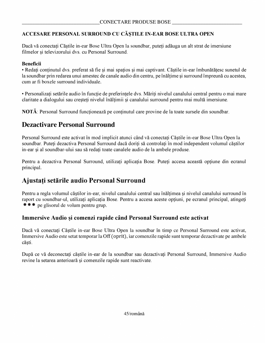 Pagina 45-Manual de utilizare pentru soundbar Smart Bose BOSE Instructiuni montaj, utilizare Romana ului din...