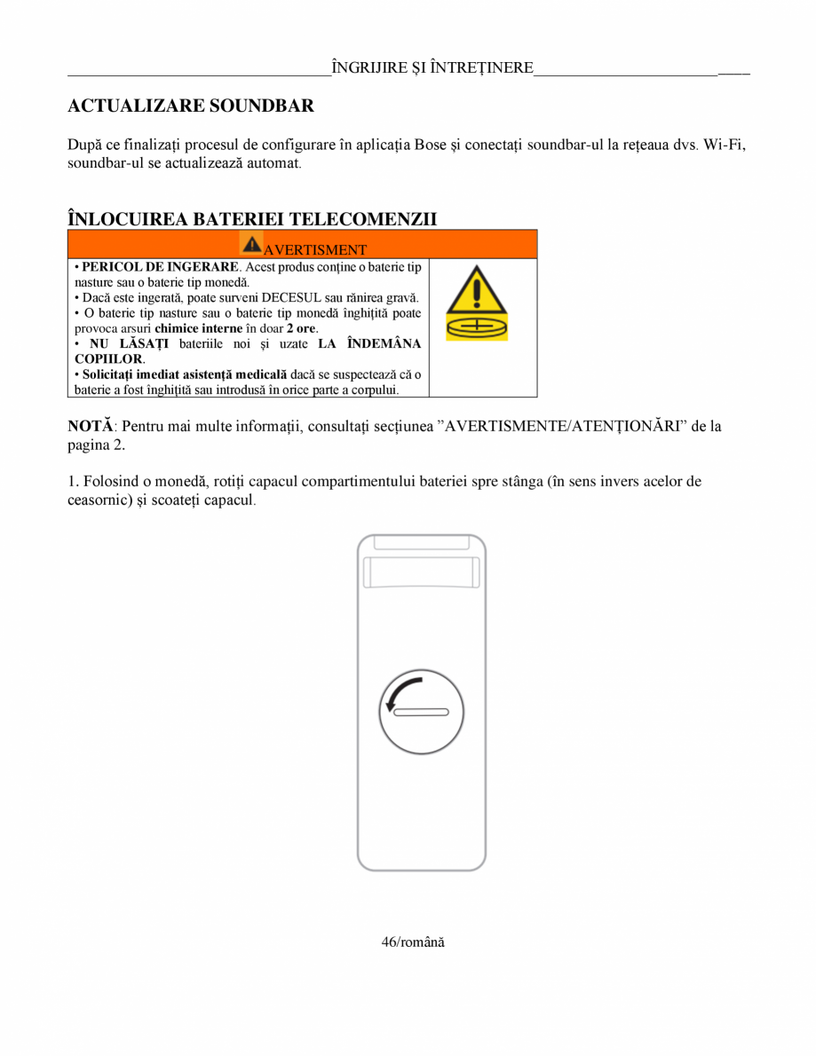 Pagina 46-Manual de utilizare pentru soundbar Smart Bose BOSE Instructiuni montaj, utilizare Romana xa nu este...