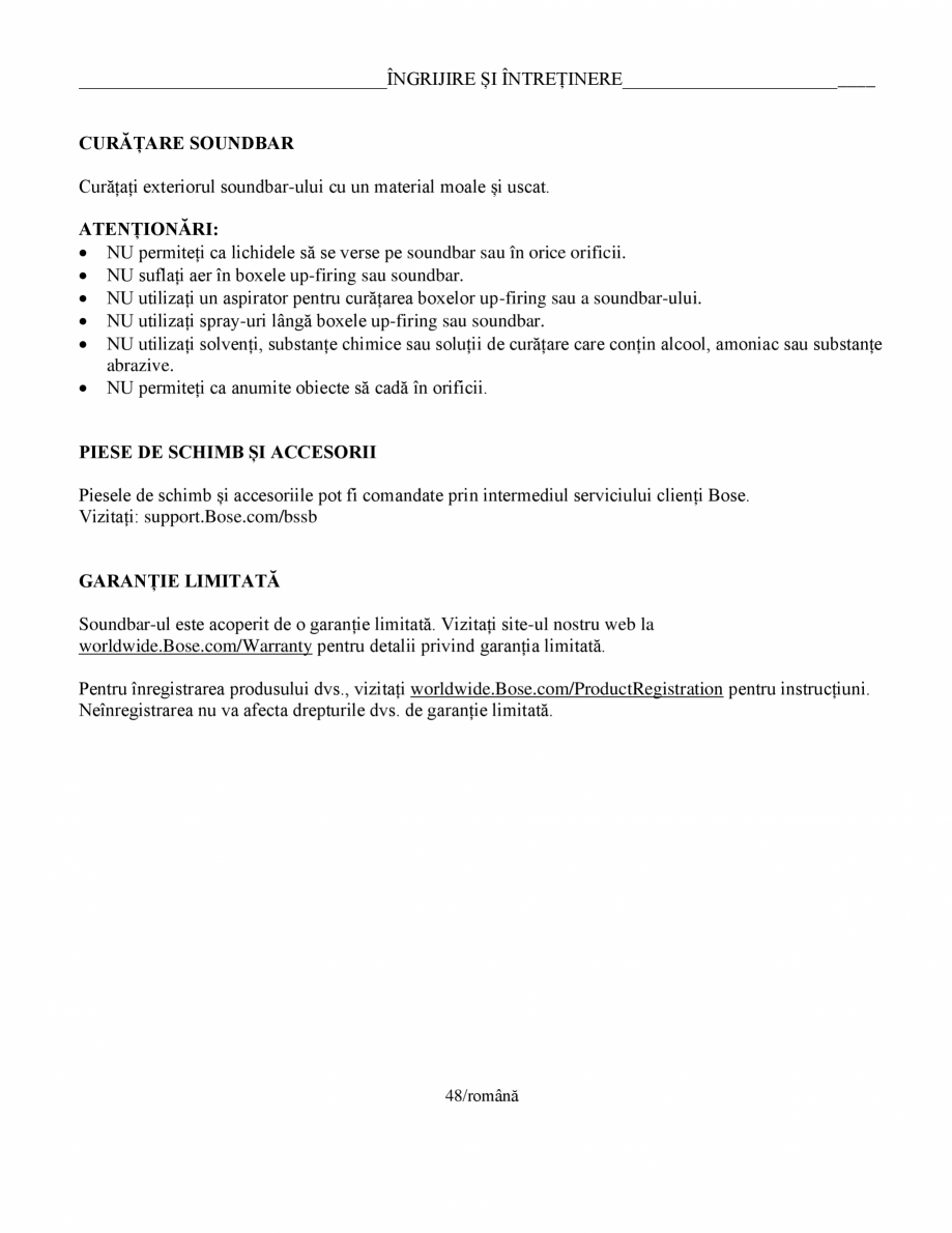 Pagina 48 - Manual de utilizare pentru soundbar Smart Bose BOSE Instructiuni montaj, utilizare...