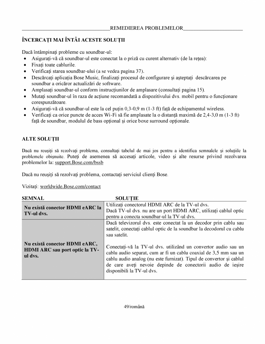 Pagina 49-Manual de utilizare pentru soundbar Smart Bose BOSE Instructiuni montaj, utilizare Romana XA...
