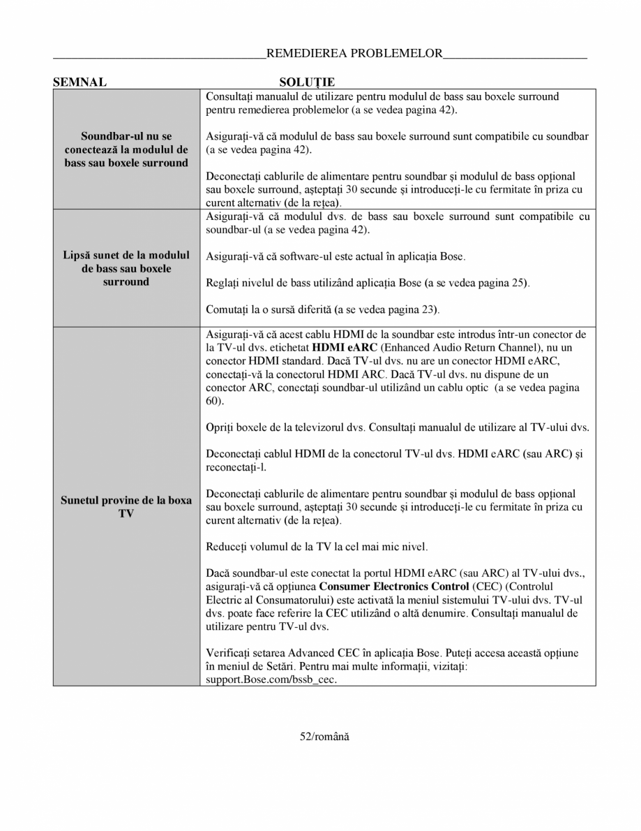 Pagina 52 - Manual de utilizare pentru soundbar Smart Bose BOSE Instructiuni montaj, utilizare...
