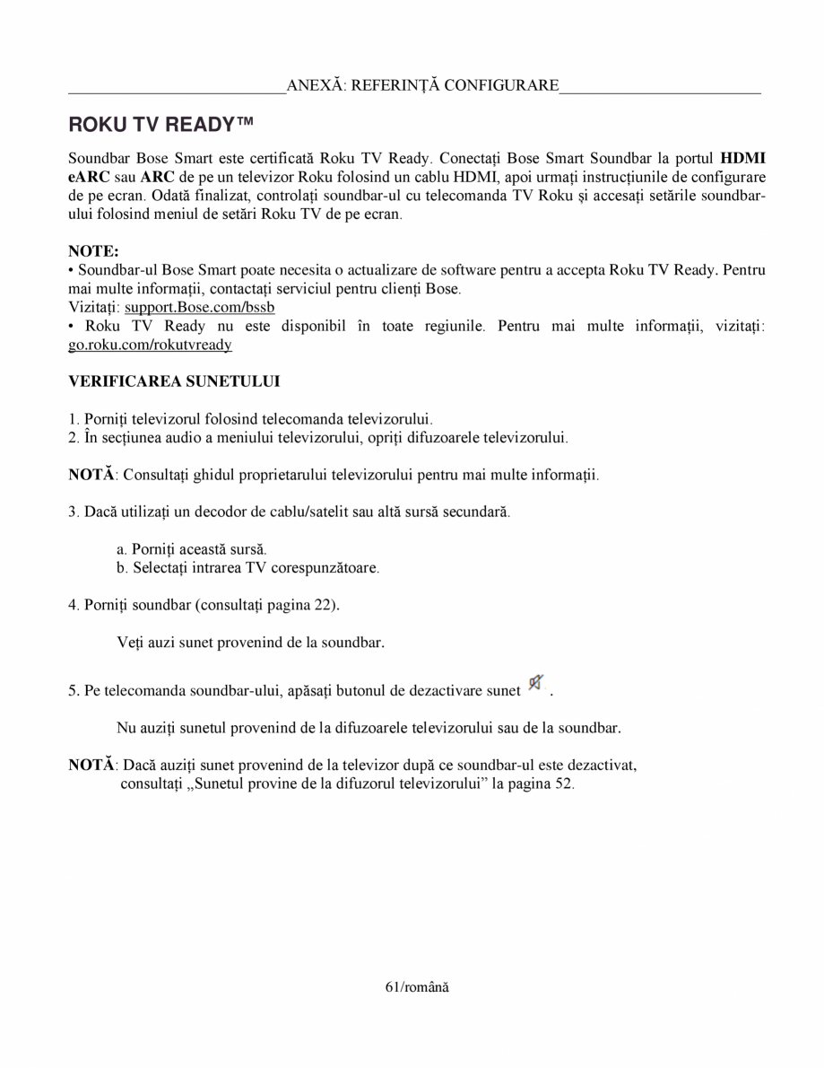 Pagina 61-Manual de utilizare pentru soundbar Smart Bose BOSE Instructiuni montaj, utilizare Romana e....