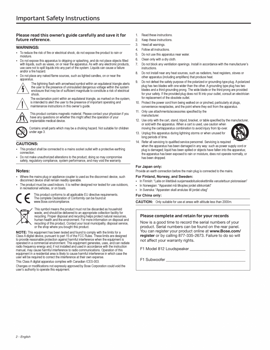 Pagina 2 - Manual de utiliare pentru subwoofer BOSE F1 Instructiuni montaj, utilizare Engleza  on...