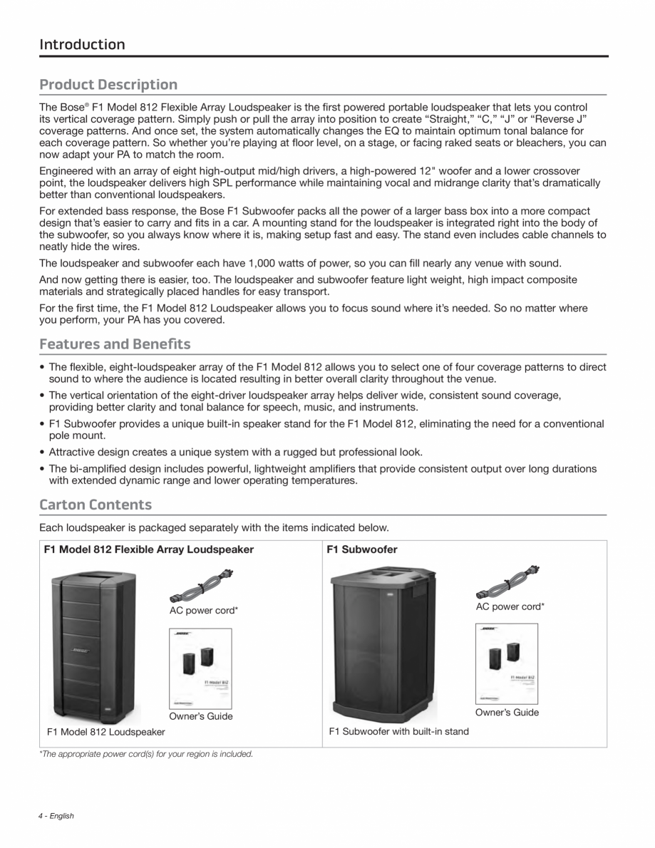 Pagina 4-Manual de utiliare pentru subwoofer BOSE F1 Instructiuni montaj, utilizare Engleza g lightning...