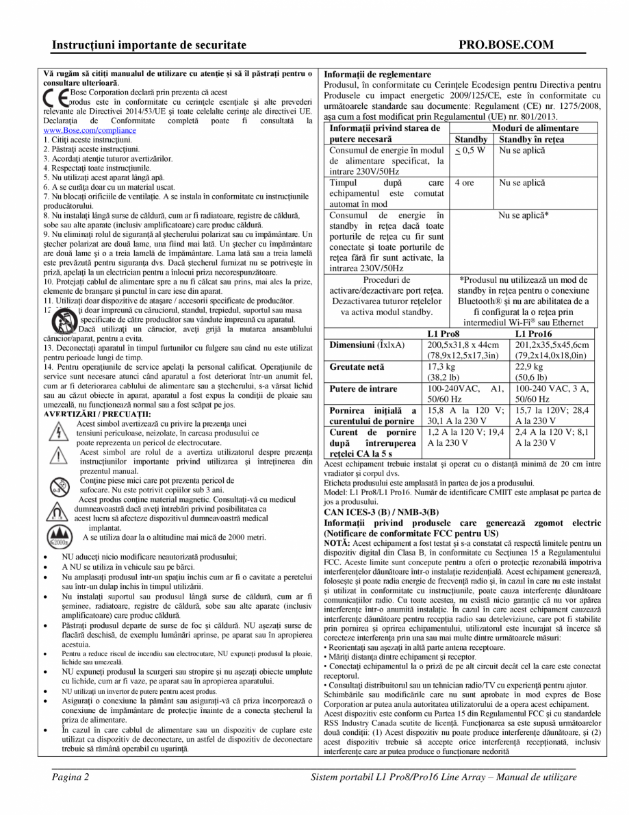 Pagina 2-Manual de utilizare  pentru sistemul array Bose BOSE L1 Pro8, L1 Pro16 Instructiuni montaj,...