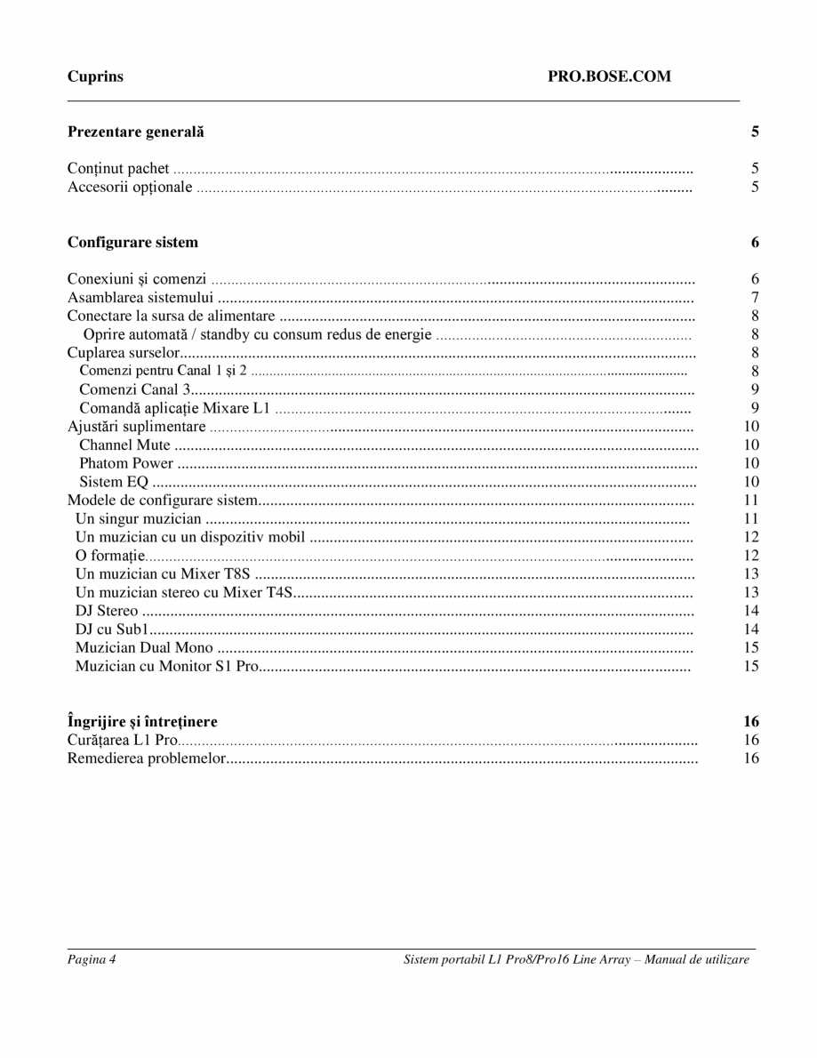 Pagina 4-Manual de utilizare  pentru sistemul array Bose BOSE L1 Pro8, L1 Pro16 Instructiuni montaj,...