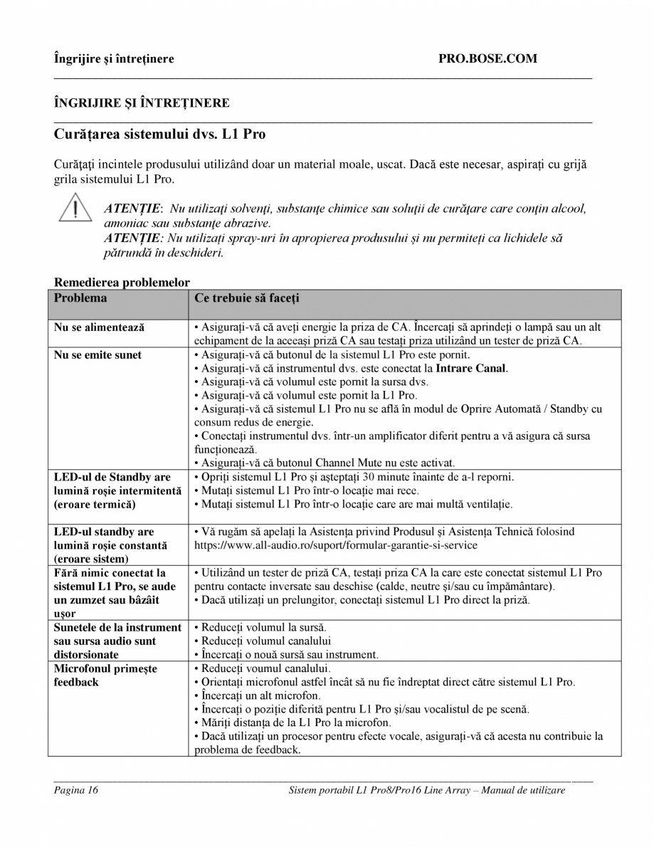 Pagina 16-Manual de utilizare  pentru sistemul array Bose BOSE L1 Pro8, L1 Pro16 Instructiuni montaj,...