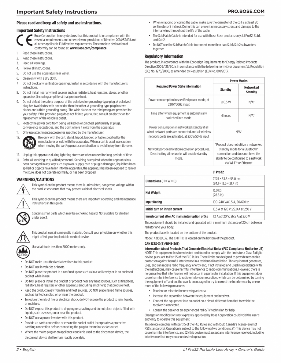Pagina 2-Manual de utilizare pentru sistemul audio BOSE L1 Pro32 + Sub2 Instructiuni montaj, utilizare than...