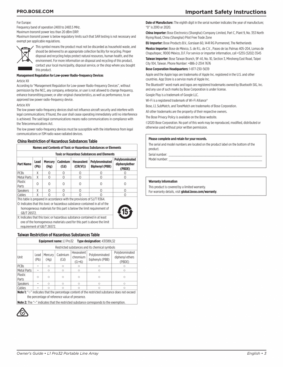 Pagina 3-Manual de utilizare pentru sistemul audio BOSE L1 Pro32 + Sub2 Instructiuni montaj, utilizare cts...