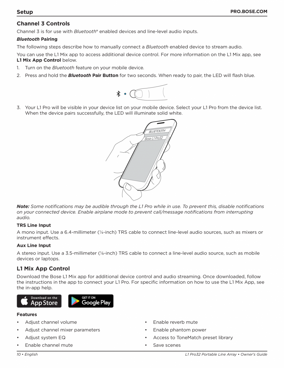 Pagina 10-Manual de utilizare pentru sistemul audio BOSE L1 Pro32 + Sub2 Instructiuni montaj, utilizare tents ...