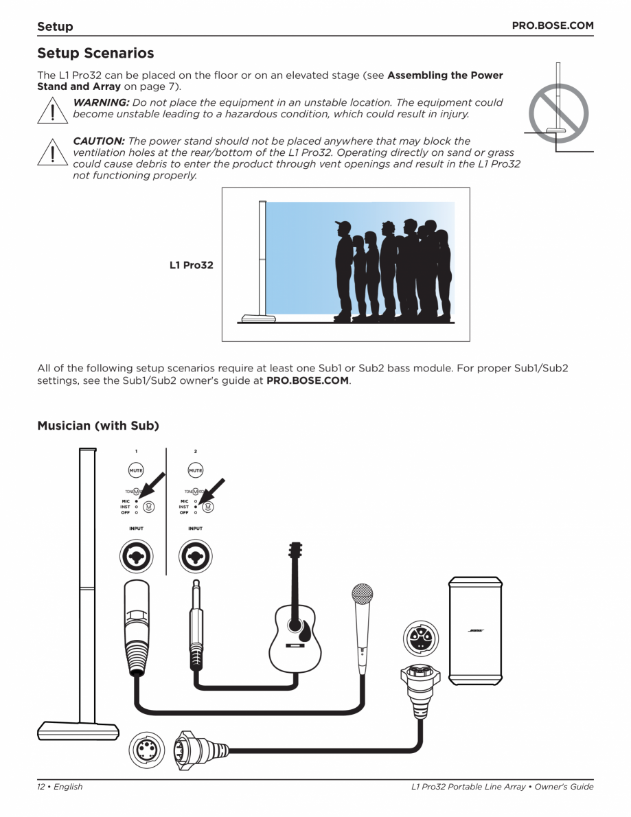 Pagina 12-Manual de utilizare pentru sistemul audio BOSE L1 Pro32 + Sub2 Instructiuni montaj, utilizare e...