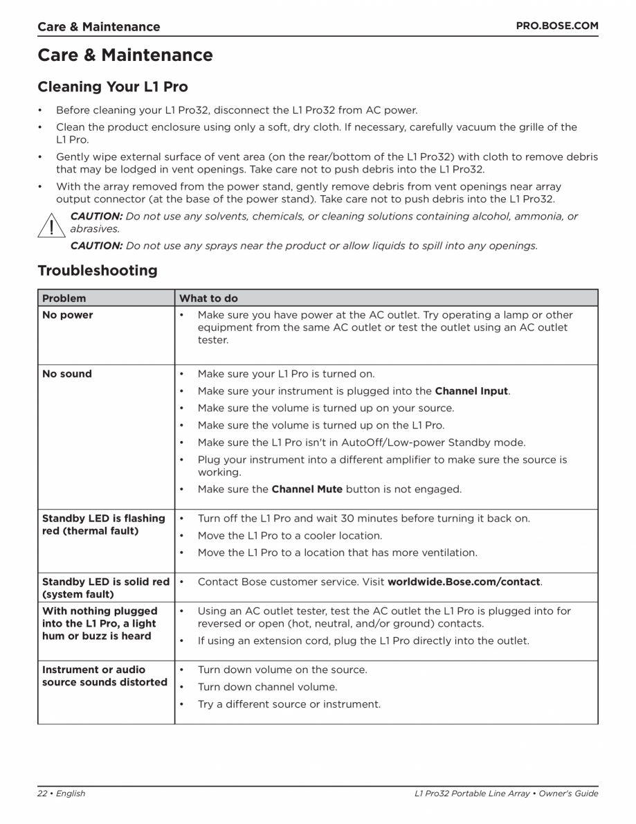 Pagina 22-Manual de utilizare pentru sistemul audio BOSE L1 Pro32 + Sub2 Instructiuni montaj, utilizare pper...