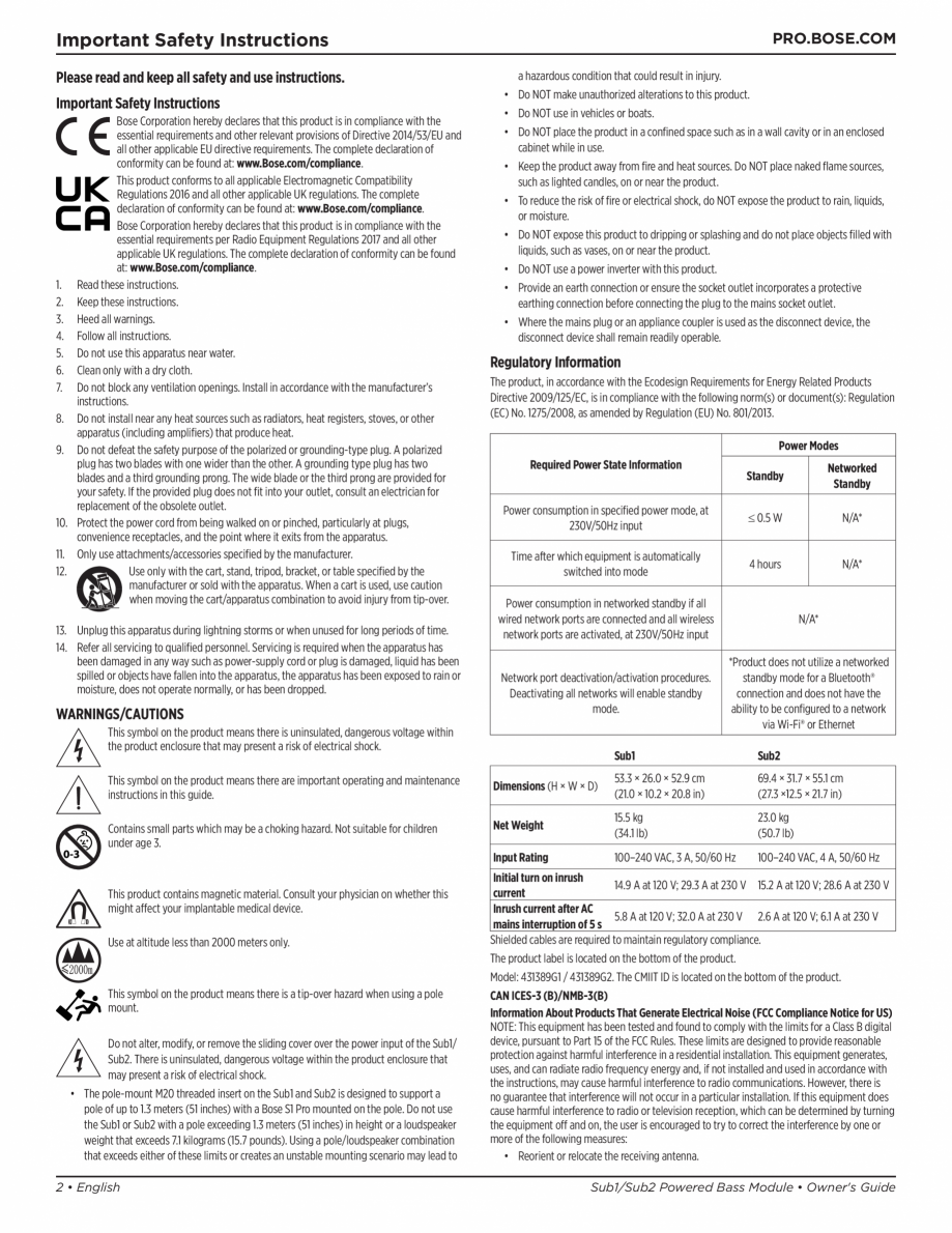Pagina 2-Manual de utilizare pentru subwooferul Sub1 si subwooferul Sub2 BOSE L1 Pro 32 + Sub1, L1 Pro32 +...