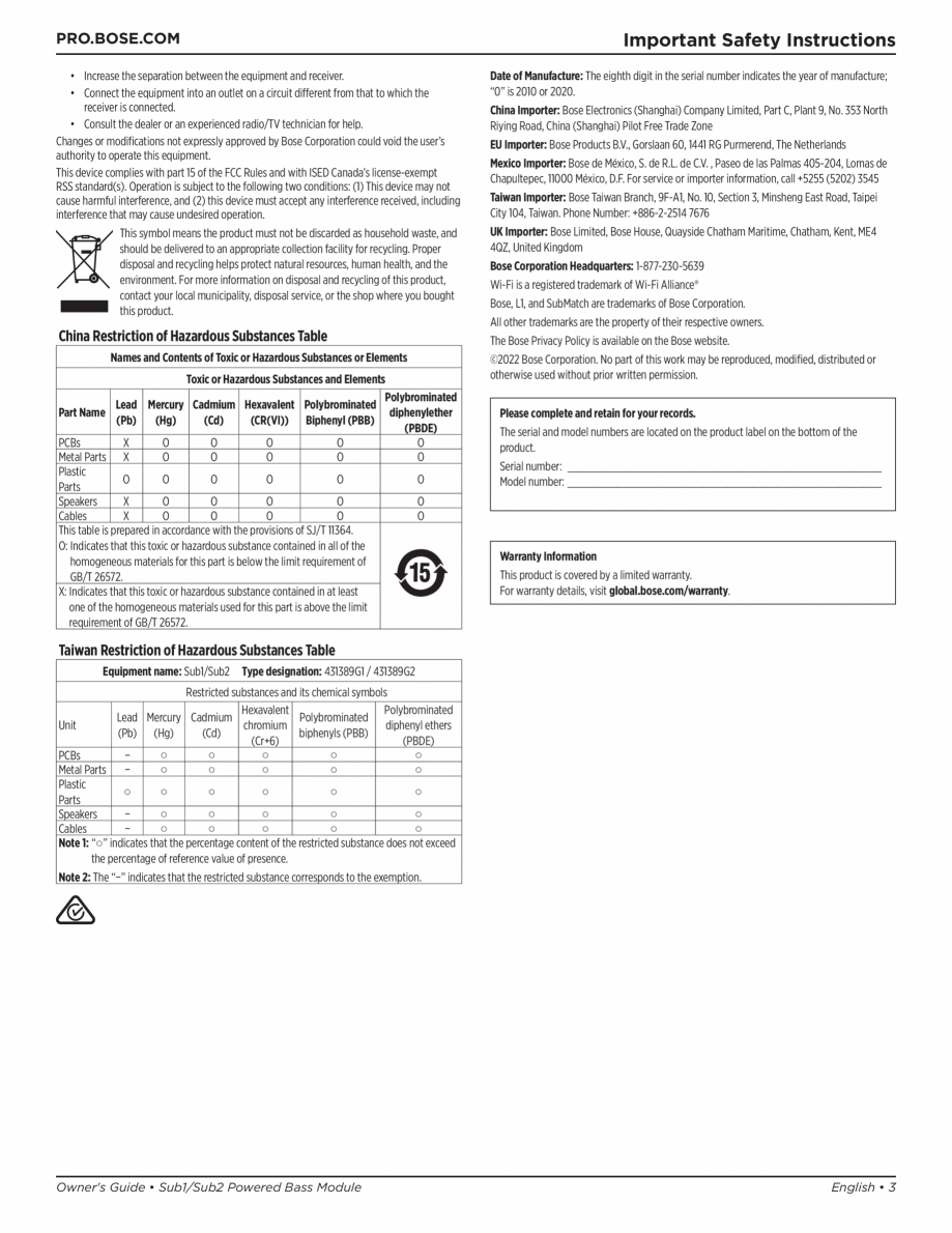 Pagina 3-Manual de utilizare pentru subwooferul Sub1 si subwooferul Sub2 BOSE L1 Pro 32 + Sub1, L1 Pro32 +...