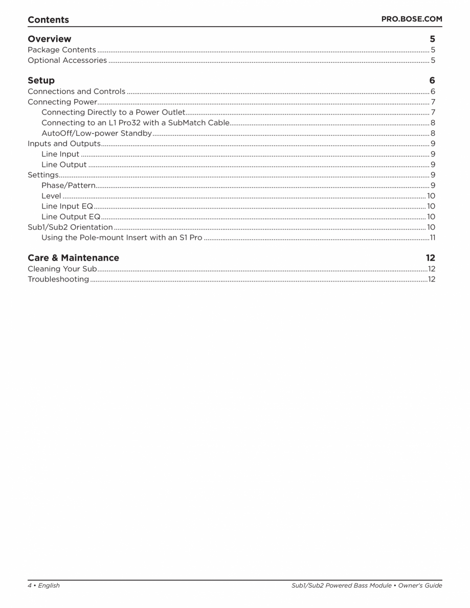 Pagina 4-Manual de utilizare pentru subwooferul Sub1 si subwooferul Sub2 BOSE L1 Pro 32 + Sub1, L1 Pro32 +...