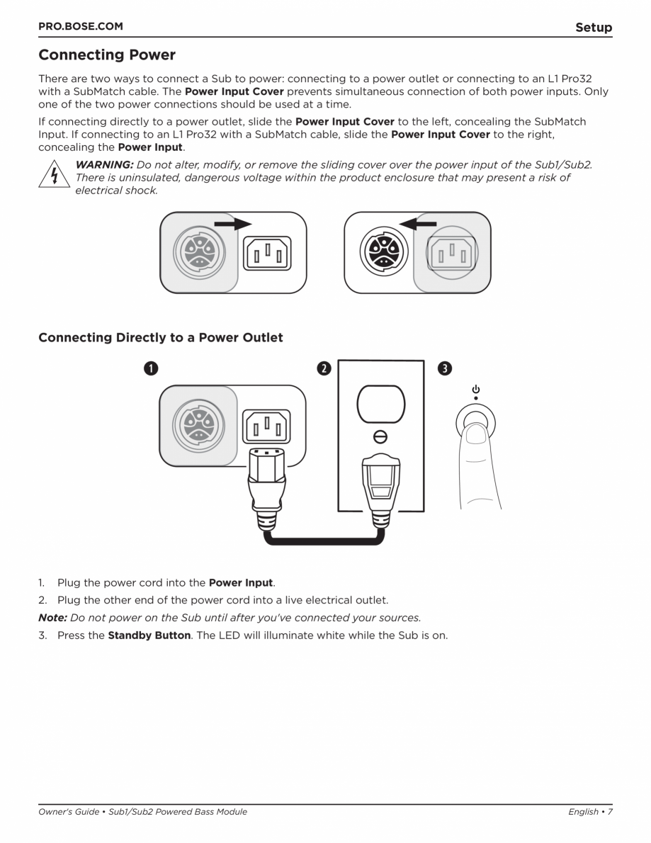 Pagina 7-Manual de utilizare pentru subwooferul Sub1 si subwooferul Sub2 BOSE L1 Pro 32 + Sub1, L1 Pro32 +...
