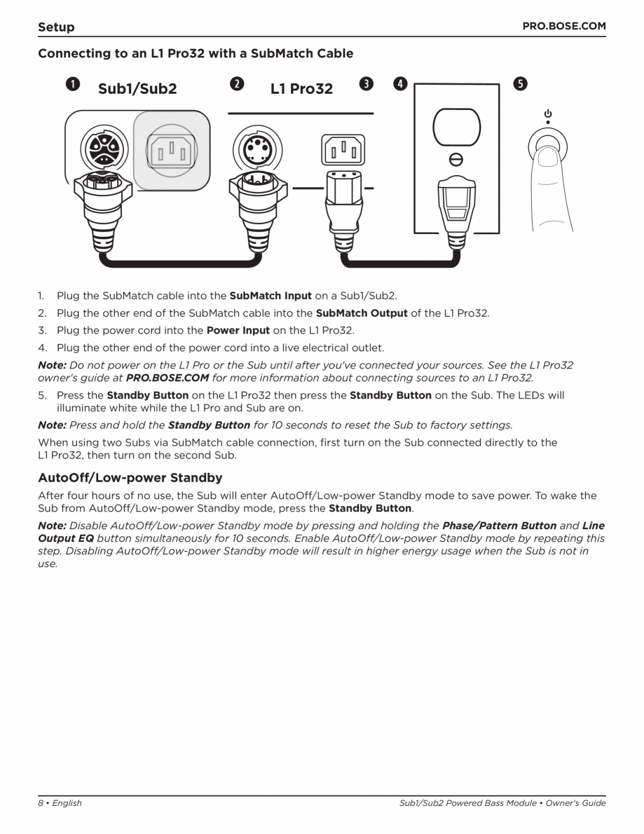 Pagina 8-Manual de utilizare pentru subwooferul Sub1 si subwooferul Sub2 BOSE L1 Pro 32 + Sub1, L1 Pro32 +...