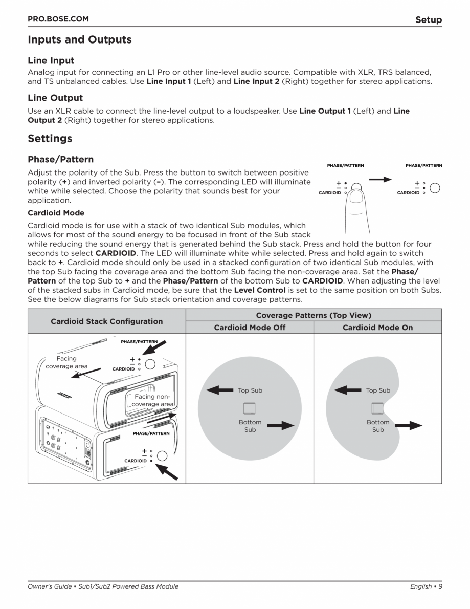 Pagina 9-Manual de utilizare pentru subwooferul Sub1 si subwooferul Sub2 BOSE L1 Pro 32 + Sub1, L1 Pro32 +...