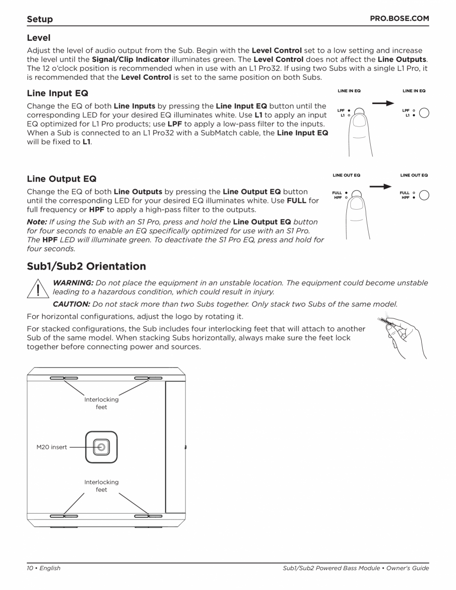 Pagina 10-Manual de utilizare pentru subwooferul Sub1 si subwooferul Sub2 BOSE L1 Pro 32 + Sub1, L1 Pro32 +...