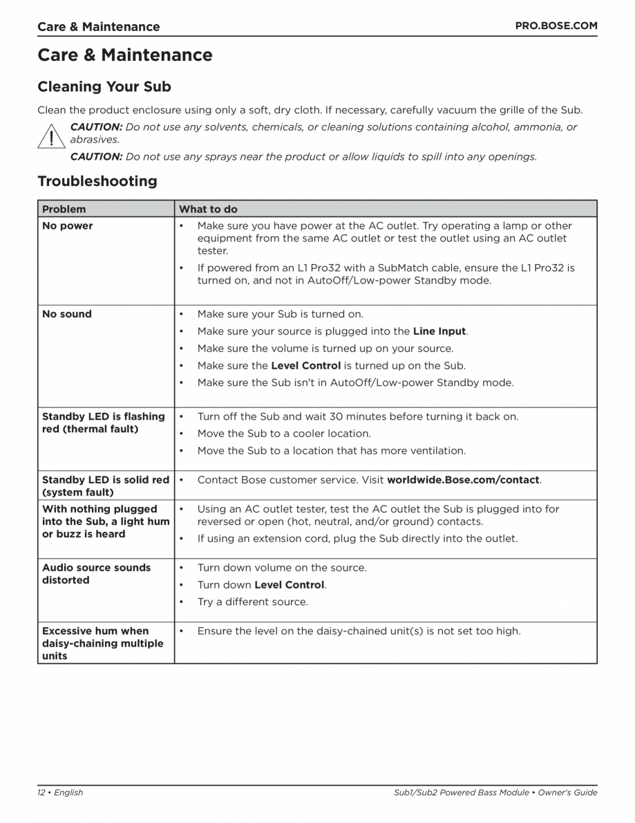 Pagina 12-Manual de utilizare pentru subwooferul Sub1 si subwooferul Sub2 BOSE L1 Pro 32 + Sub1, L1 Pro32 +...