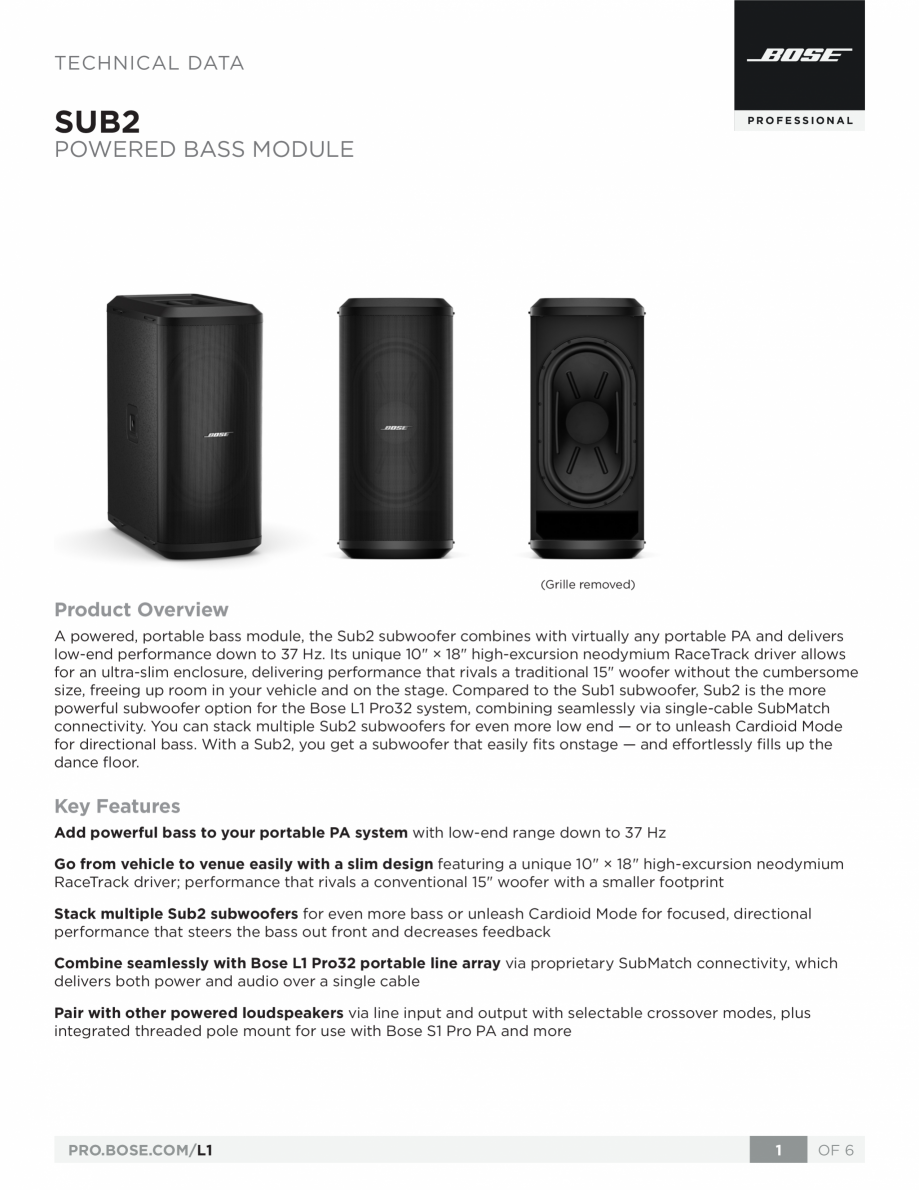 Pagina 1-Subwooferul Sub2 BOSE L1 Pro32 + Sub2 Fisa tehnica Engleza TECHNICAL DATA

SUB2

PROFESSIONAL
...