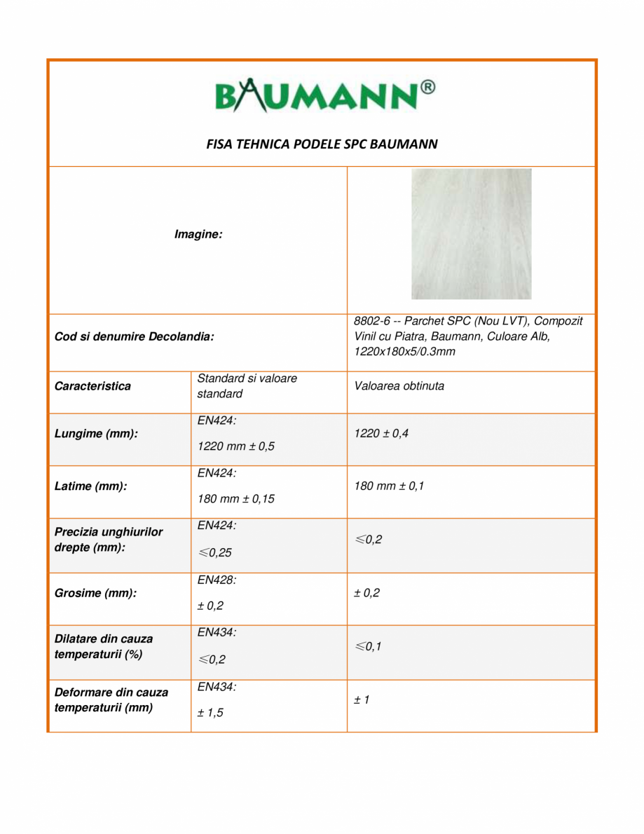 Pagina 1-Parchet SPC (Nou LVT), compozit vinil cu piatra - colectia Baumann - alb Decolandia Fisa tehnica...