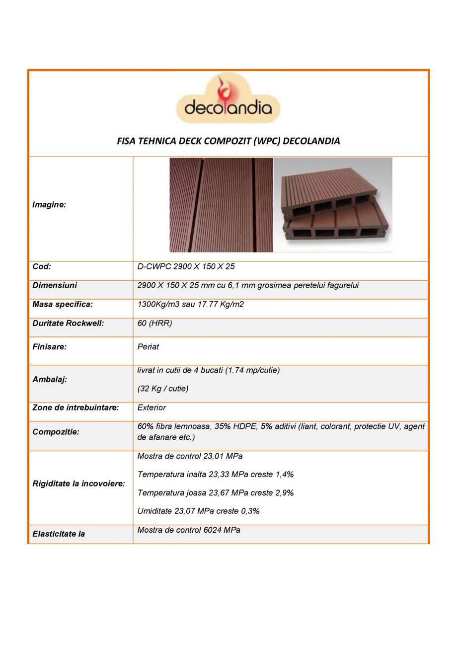 Pagina 1-Deck compozit (WPC) Decolandia Decolandia D-CWPC, D-GRWPC, D-TWPC Specificații tehnice Romana FISA ...