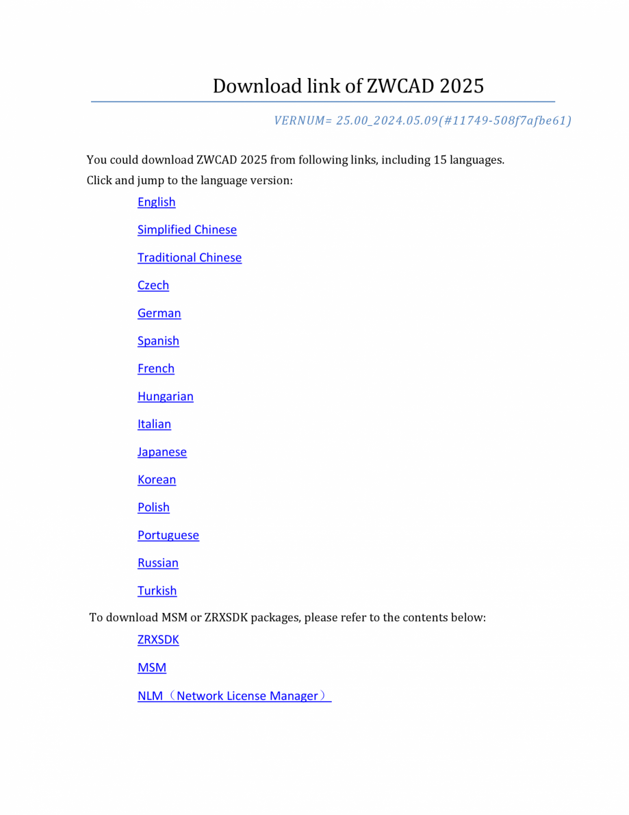 Pagina 1-Link-uri de descarcare pentru ZWCAD 2025 ZWCAD DISTRIBUTION ZWCAD 2024 Fisa tehnica Engleza Download...