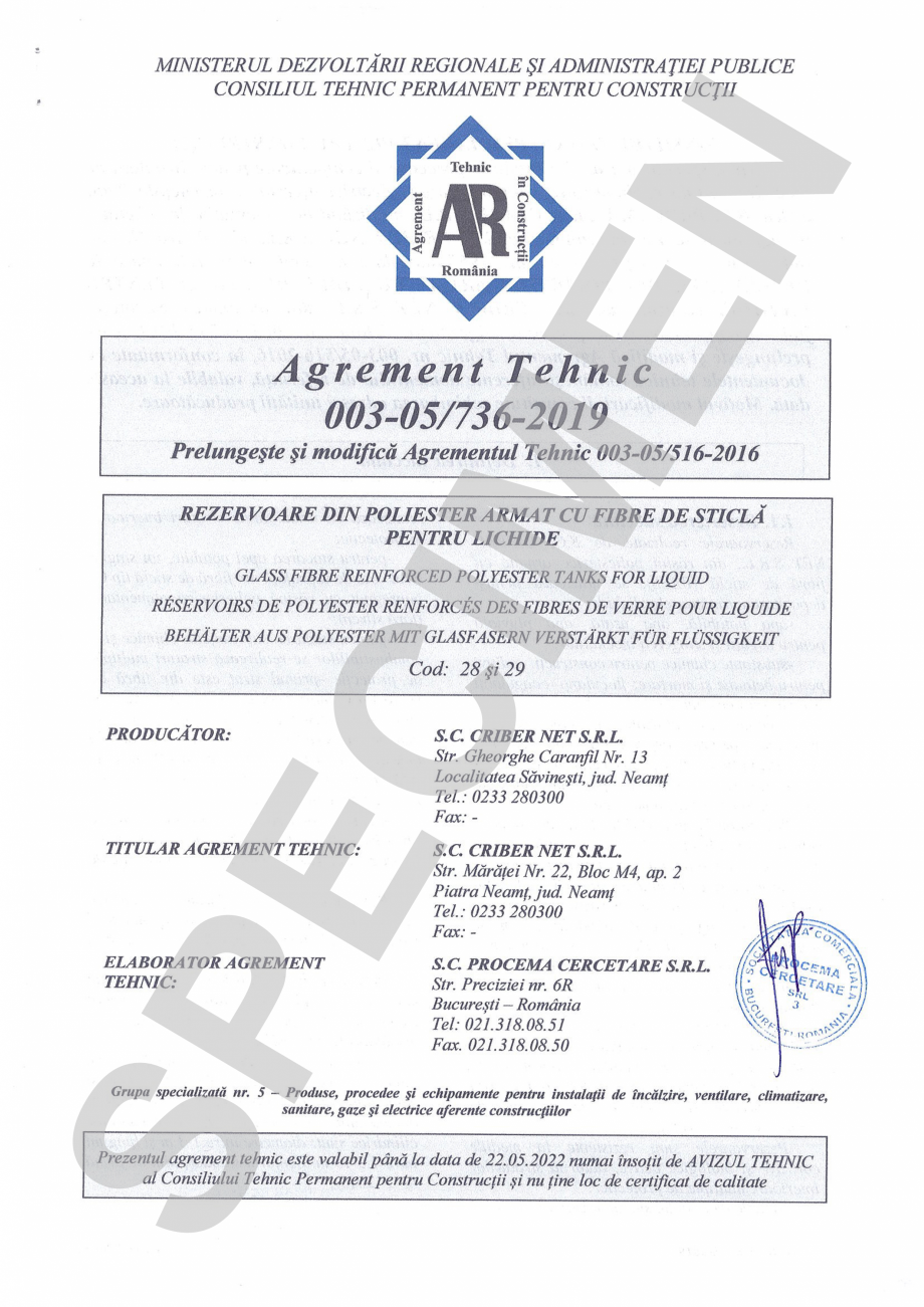 Pagina 1-Agrement Tehnic - Rezervoare 1st Criber  Certificare produs Romana 