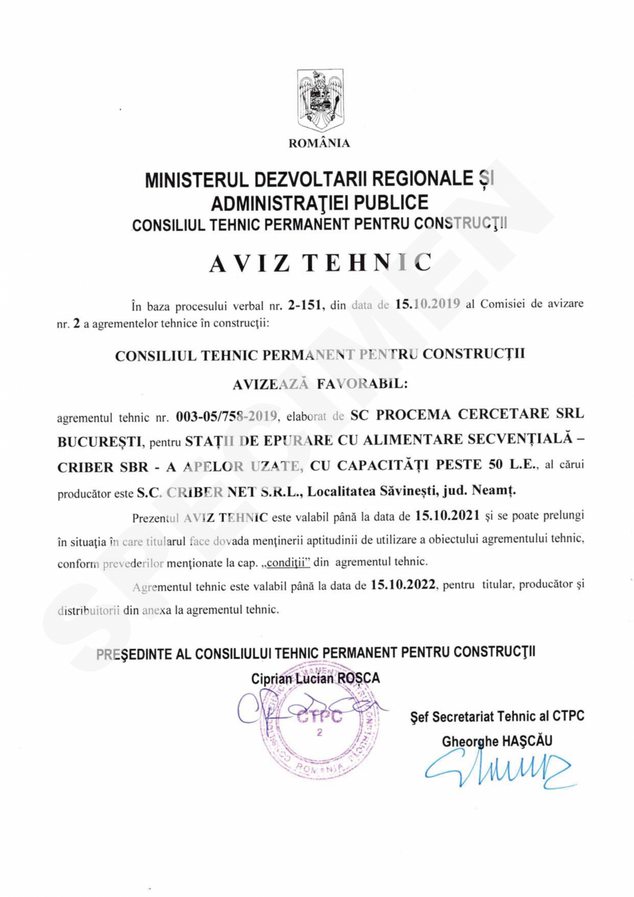 Pagina 1-Aviz Tehnic - Statii de epurare 1st Criber  Certificare produs Romana 