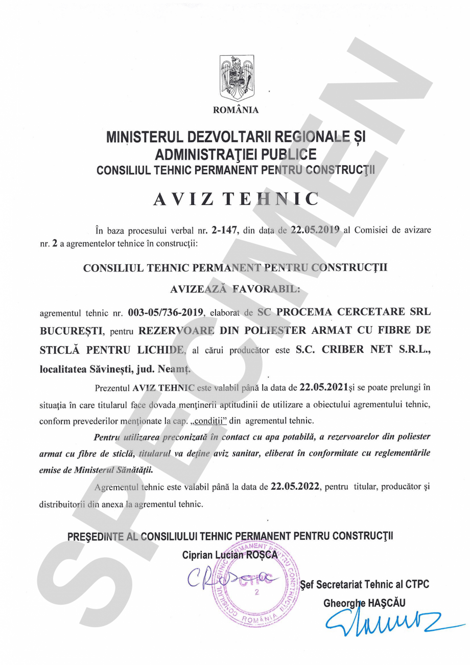 Pagina 1-Aviz Tehnic - Rezervoare 1st Criber  Certificare produs Romana 