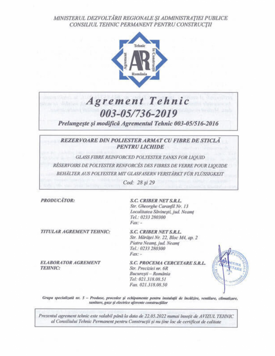 Pagina 1-Aviz Tehnic 003-05/736-2019 - Rezervoare din poliester armat cu fibre de sticla pentru lichide ...