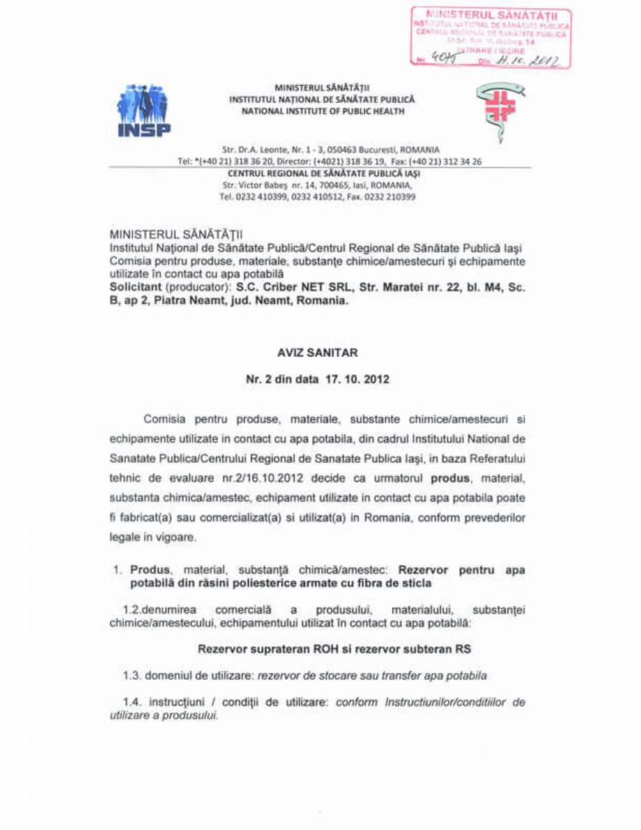 Pagina 1-Aviz Sanitar nr 2/2012 - Rezervor pentru apa potabila din rasini poliesterice armate cu fibra de...