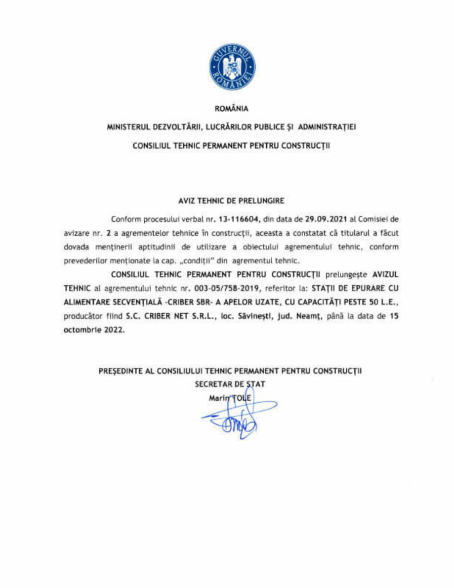 Pagina 1-Aviz Tehnic de prelungire pentru 003-05/758-2019 - Statii de epurare cu alimentare secventiala -...