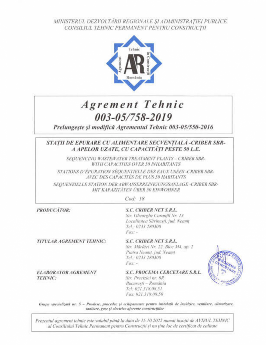 Pagina 1-Agrement Tehnic 003-05/758-2019 - Statii de epurare cu alimentare secventiala - CRIBER SBB - a...