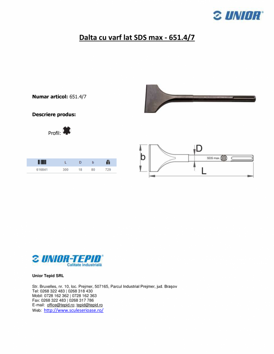 Pagina 1-Dalta cu varf lat Unior STAYER SDS max 651.4/7 Fisa tehnica Romana Dalta cu varf lat SDS max - 651...
