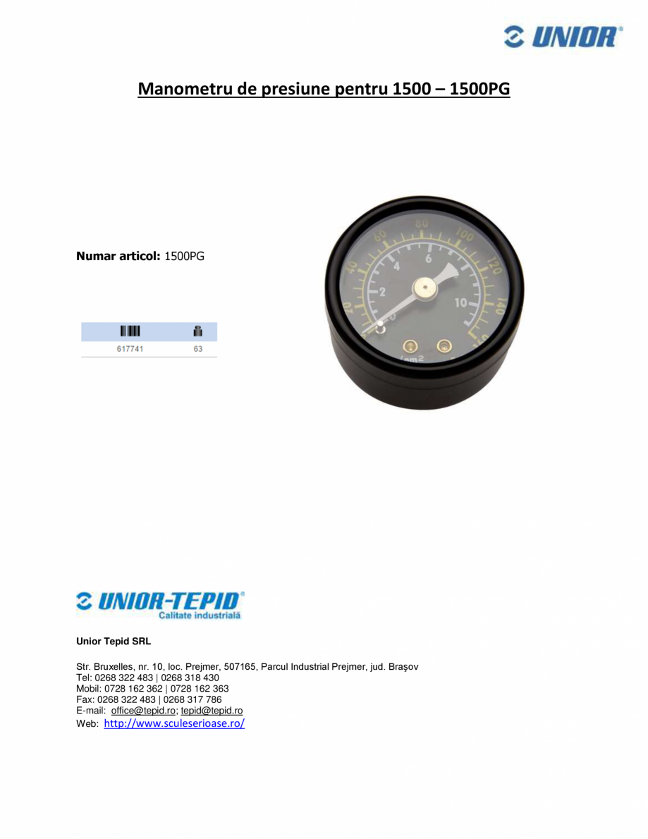Pagina 1-Manometru de presiune pentru 1500 UNIOR 1500PG Fisa tehnica Romana Manometru de presiune pentru 1500...
