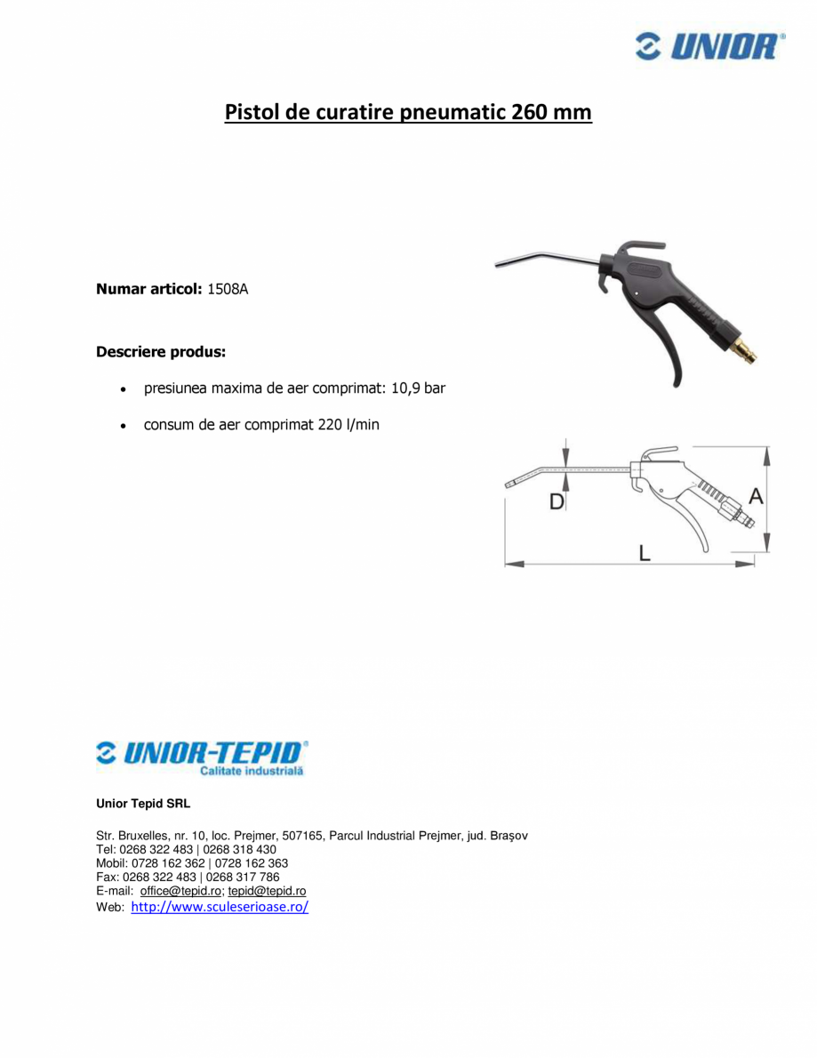 Pagina 1-Pistol de curatire pneumatic 260 mm UNIOR  1508A Fisa tehnica Romana Pistol de curatire pneumatic...