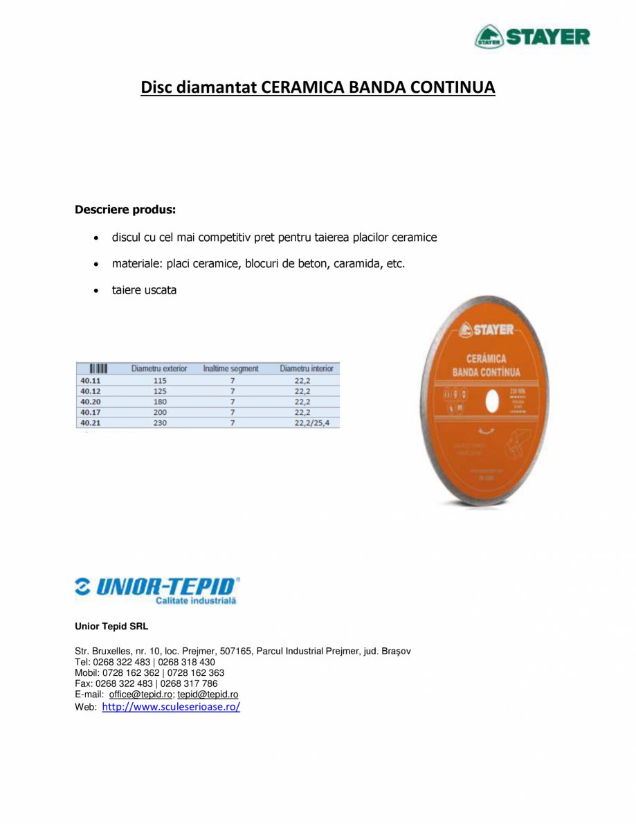 Pagina 1-Disc diamantat  STAYER CERAMICA BANDA CONTINUA Fisa tehnica Romana Disc diamantat CERAMICA BANDA...