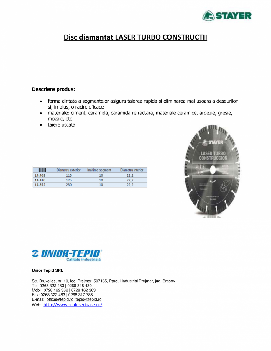 Pagina 1-Disc diamantat  STAYER LASER TURBO CONSTRUCTII Fisa tehnica Romana Disc diamantat LASER TURBO...