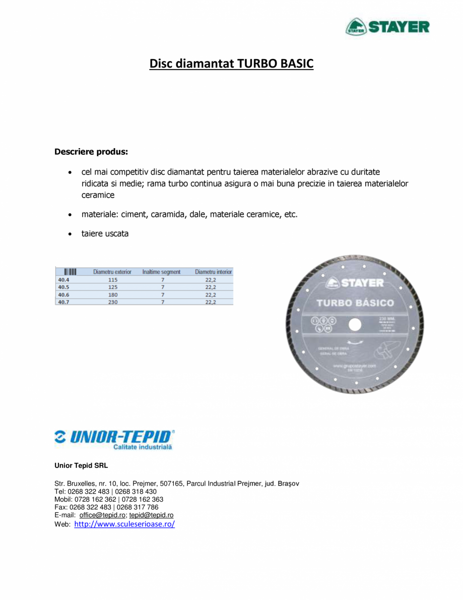 Pagina 1-Disc diamantat  STAYER TURBO BASIC Fisa tehnica Romana Disc diamantat TURBO BASIC

Descriere produs:...